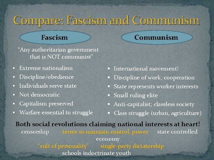 Compare: Fascism and Communism Fascism Communism “Any authoritarian government that is NOT communist” § Compare: Fascism and Communism Fascism Communism “Any authoritarian government that is NOT communist” §