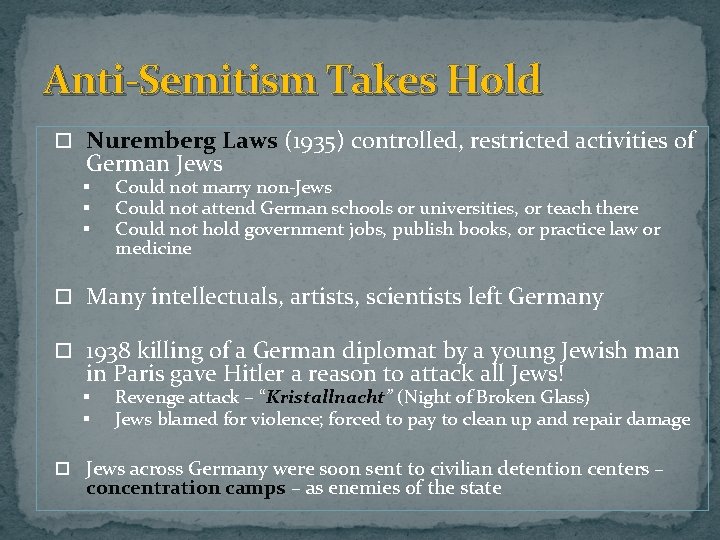 Anti-Semitism Takes Hold Nuremberg Laws (1935) controlled, restricted activities of German Jews § § Anti-Semitism Takes Hold Nuremberg Laws (1935) controlled, restricted activities of German Jews § §