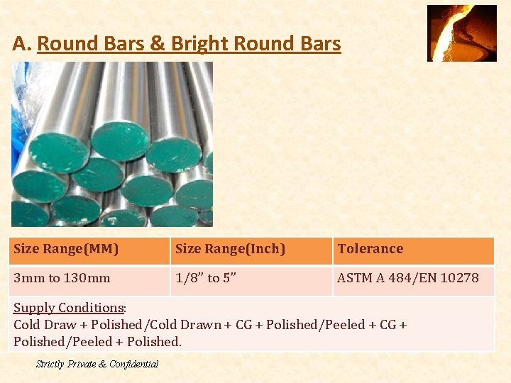 A. Round Bars & Bright Round Bars Size Range(MM) Size Range(Inch) Tolerance 3 mm