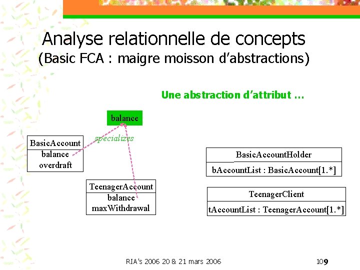 Analyse relationnelle de concepts (Basic FCA : maigre moisson d’abstractions) Une abstraction d’attribut …