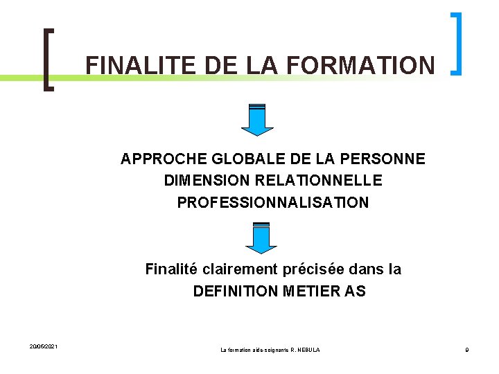 FINALITE DE LA FORMATION APPROCHE GLOBALE DE LA PERSONNE DIMENSION RELATIONNELLE PROFESSIONNALISATION Finalité clairement