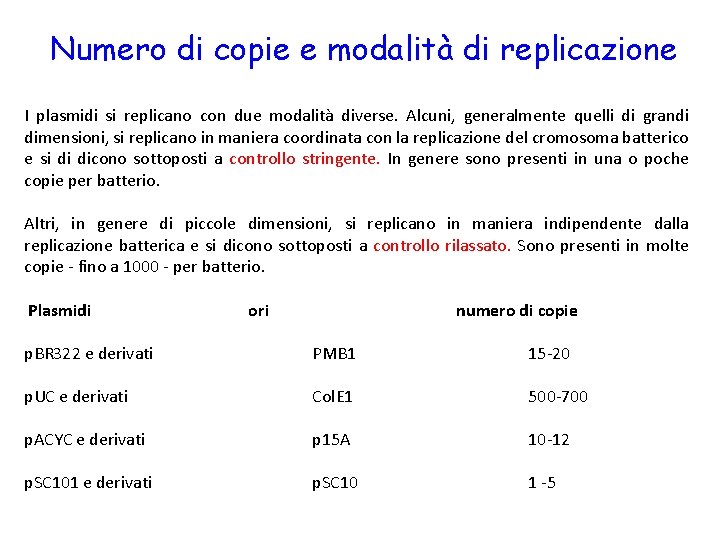 Numero di copie e modalità di replicazione I plasmidi si replicano con due modalità