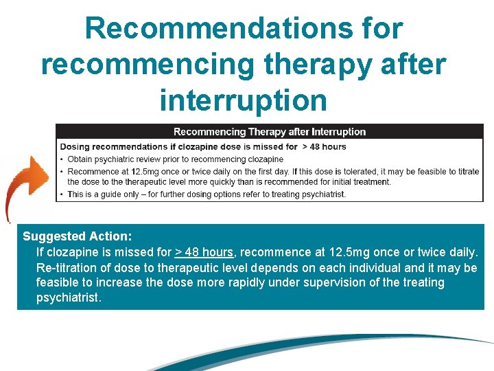 Recommendations for recommencing therapy after interruption Suggested Action: If clozapine is missed for >
