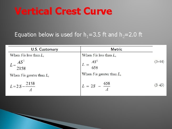 Vertical Crest Curve Equation below is used for h 1=3. 5 ft and h Vertical Crest Curve Equation below is used for h 1=3. 5 ft and h