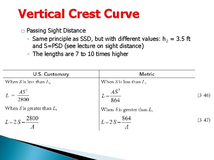 Vertical Crest Curve � Passing Sight Distance ◦ Same principle as SSD, but with Vertical Crest Curve � Passing Sight Distance ◦ Same principle as SSD, but with