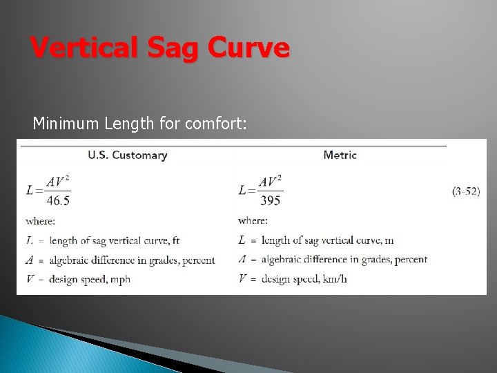 Vertical Sag Curve Minimum Length for comfort: Vertical Sag Curve Minimum Length for comfort: