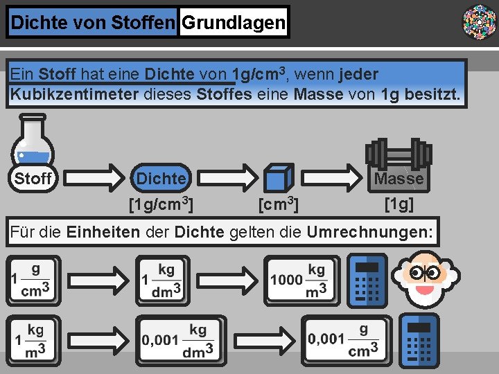 Dichte von Stoffen Grundlagen Ein Stoff hat eine Dichte von 1 g/cm 3, wenn