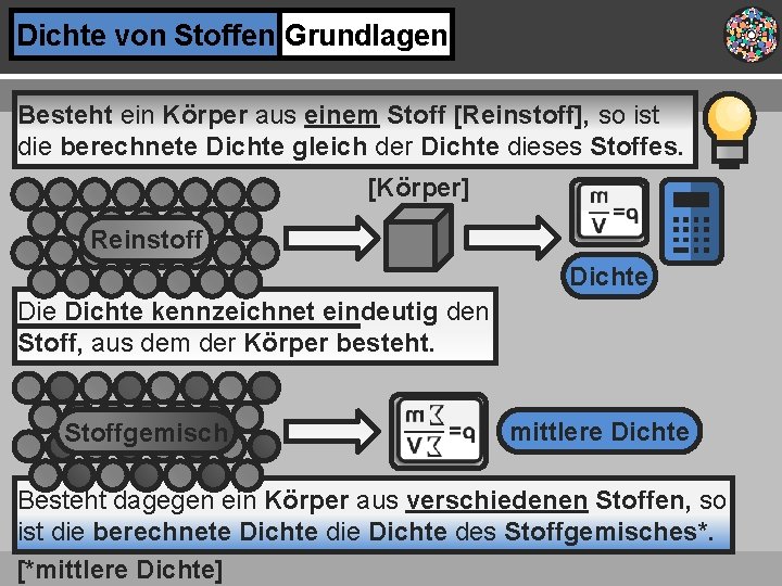 Dichte von Stoffen Grundlagen Besteht ein Körper aus einem Stoff [Reinstoff], so ist die