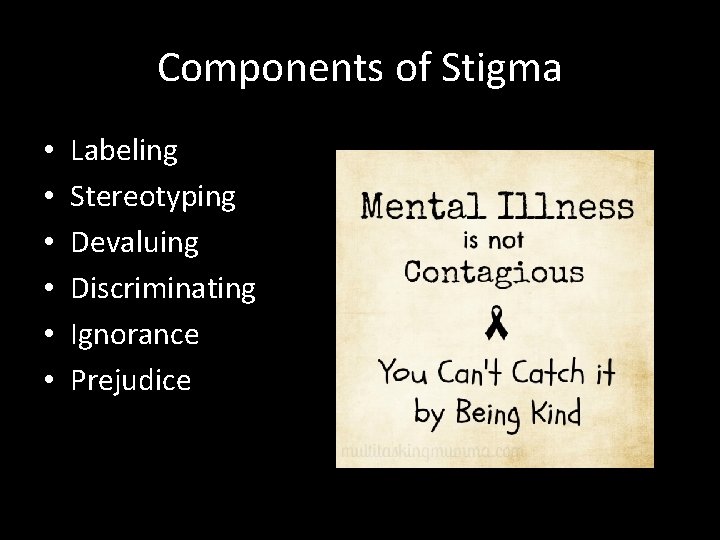Components of Stigma • • • Labeling Stereotyping Devaluing Discriminating Ignorance Prejudice 