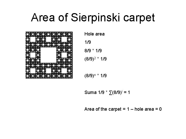 Area of Sierpinski carpet Hole area 1/9 8/9 * 1/9 (8/9)2 * 1/9 (8/9)n
