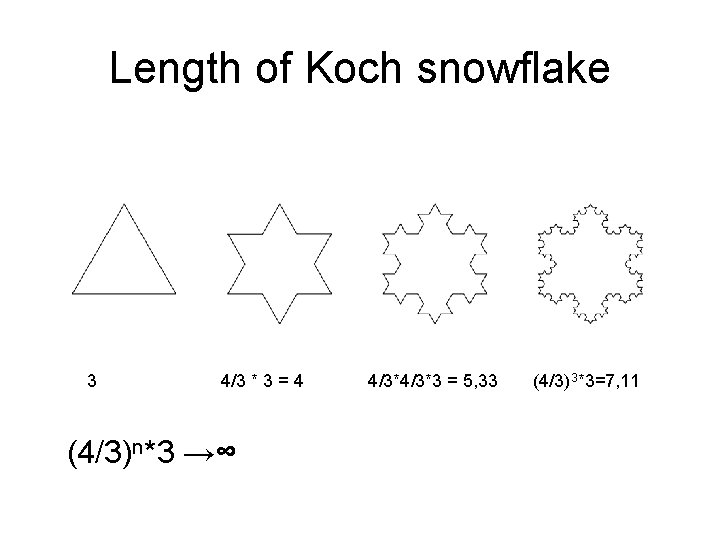 Length of Koch snowflake 3 4/3 * 3 = 4 (4/3)n*3 →∞ 4/3*3 =