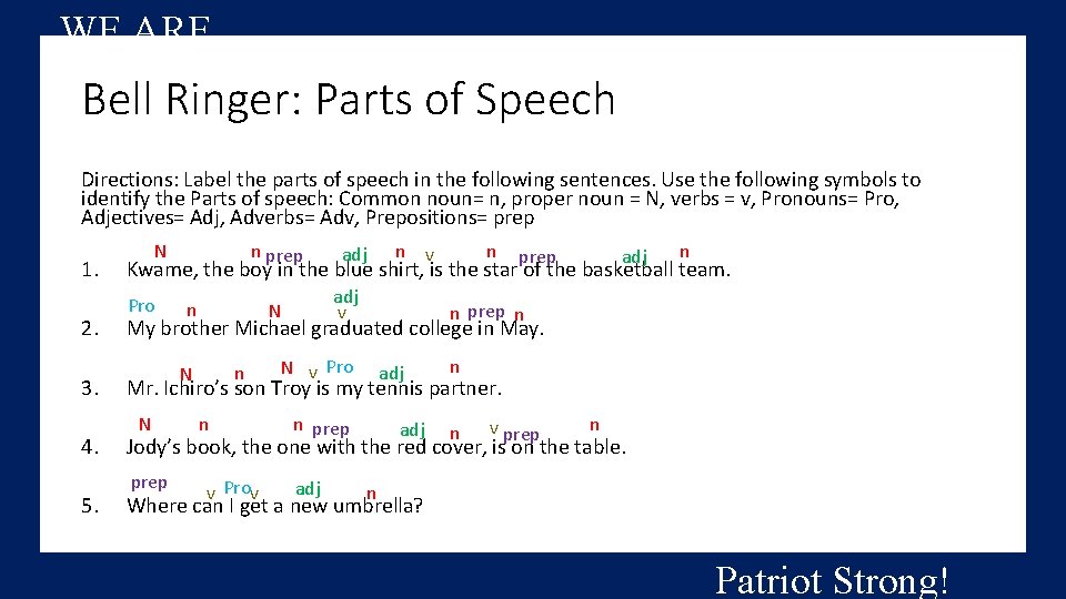 WE ARE…. Bell Ringer: Parts of Speech Directions: Label the parts of speech in