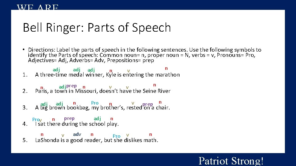 WE ARE…. Bell Ringer: Parts of Speech • Directions: Label the parts of speech
