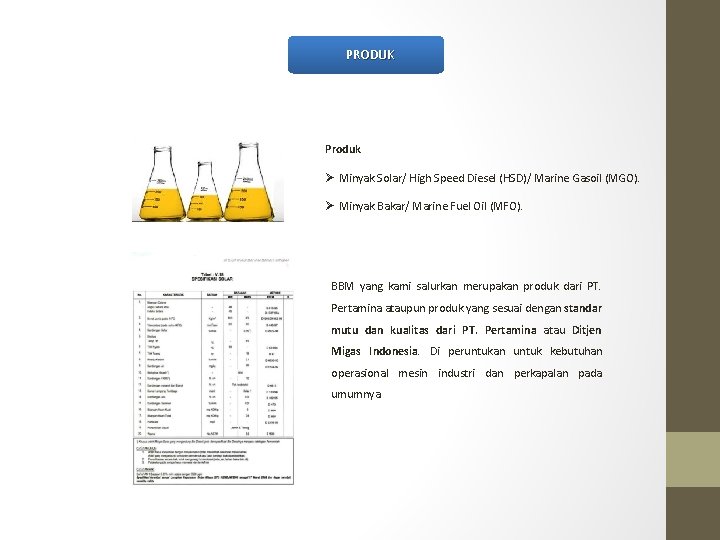 PRODUK Produk Ø Minyak Solar/ High Speed Diesel (HSD)/ Marine Gasoil (MGO). Ø Minyak