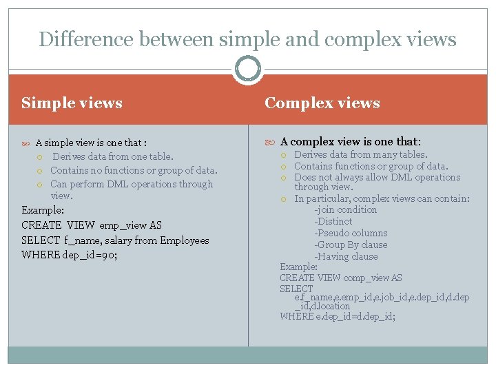 Difference between simple and complex views Simple views Complex views A simple view is