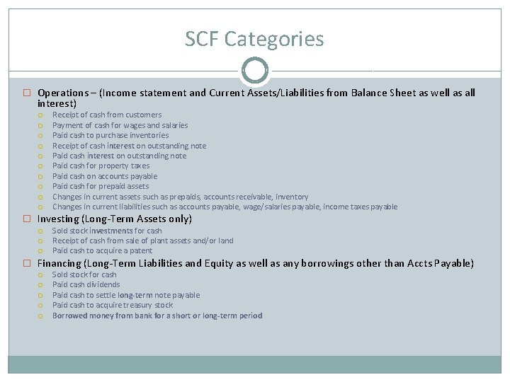 SCF Categories � Operations – (Income statement and Current Assets/Liabilities from Balance Sheet as