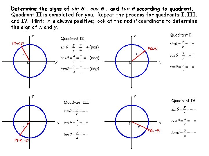 Determine the signs of sin , cos , and tan according to quadrant. Quadrant Determine the signs of sin , cos , and tan according to quadrant. Quadrant