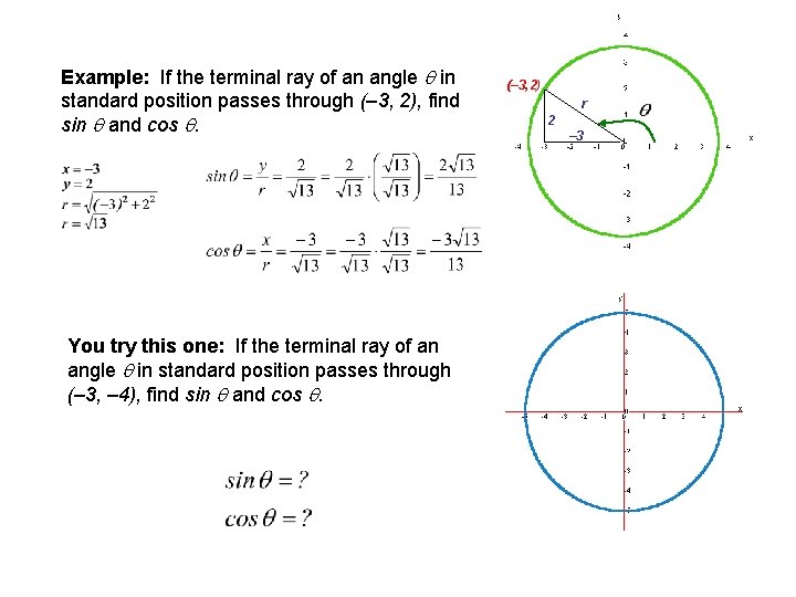 Example: If the terminal ray of an angle in standard position passes through (– Example: If the terminal ray of an angle in standard position passes through (–