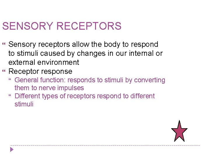 SENSORY RECEPTORS Sensory receptors allow the body to respond to stimuli caused by changes