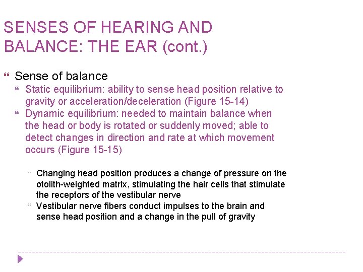 SENSES OF HEARING AND BALANCE: THE EAR (cont. ) Sense of balance Static equilibrium: