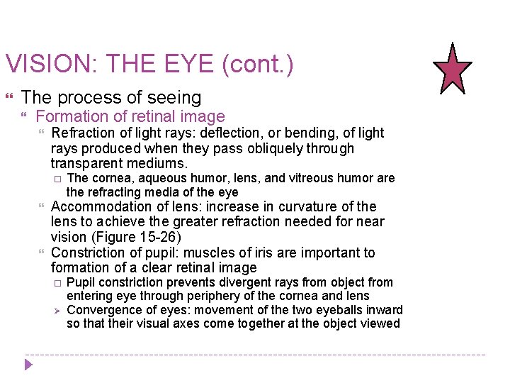 VISION: THE EYE (cont. ) The process of seeing Formation of retinal image Refraction