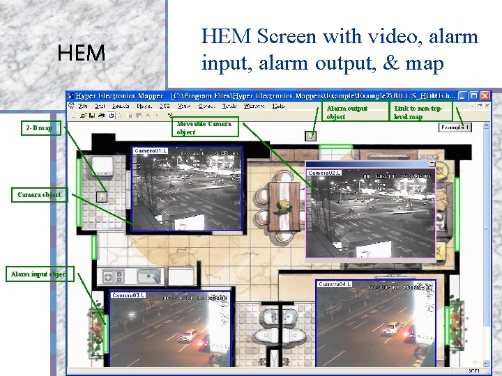 HEM 2 -D map Camera object Alarm input object HEM Screen with video, alarm