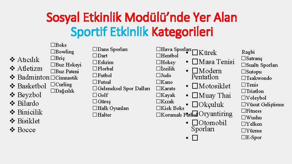 Sosyal Etkinlik Modülü’nde Yer Alan Sportif Etkinlik Kategorileri �Boks �Bowling Atıcılık �Briç �Buz Hokeyi