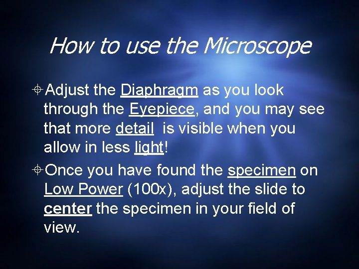 How to use the Microscope Adjust the Diaphragm as you look through the Eyepiece, How to use the Microscope Adjust the Diaphragm as you look through the Eyepiece,