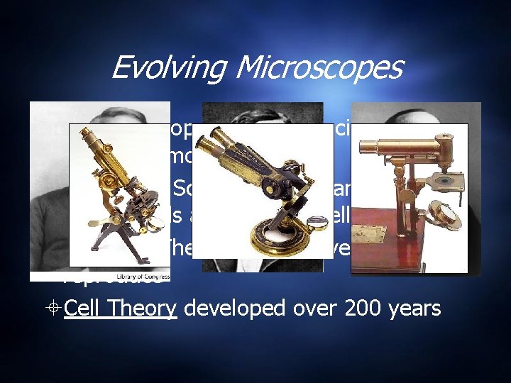 Evolving Microscopes As microscopes improved scientist saw more and more details Schleiden, Schwann- German- Evolving Microscopes As microscopes improved scientist saw more and more details Schleiden, Schwann- German-