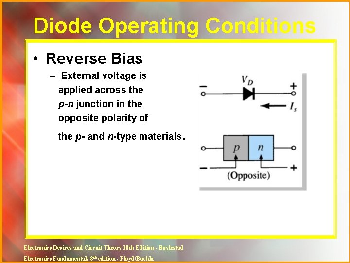 Diode Operating Conditions • Reverse Bias – External voltage is applied across the p-n