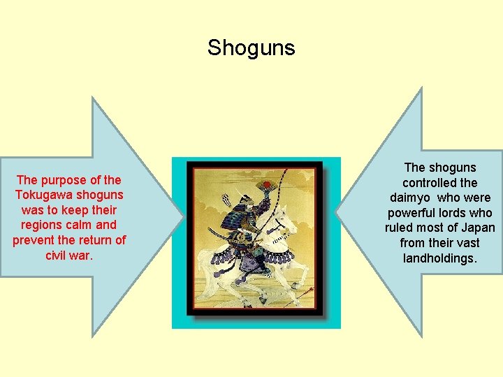 Shoguns The purpose of the Tokugawa shoguns was to keep their regions calm and