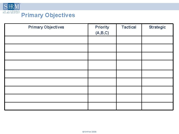 Primary Objectives Priority (A, B, C) ©SHRM 2009 Tactical Strategic Primary Objectives Priority (A, B, C) ©SHRM 2009 Tactical Strategic