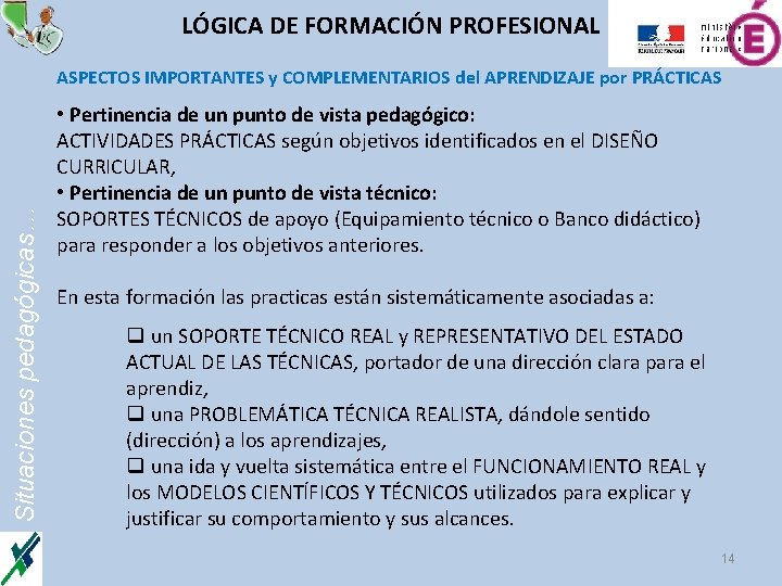 LÓGICA DE FORMACIÓN PROFESIONAL Situaciones pedagógicas… ASPECTOS IMPORTANTES y COMPLEMENTARIOS del APRENDIZAJE por PRÁCTICAS