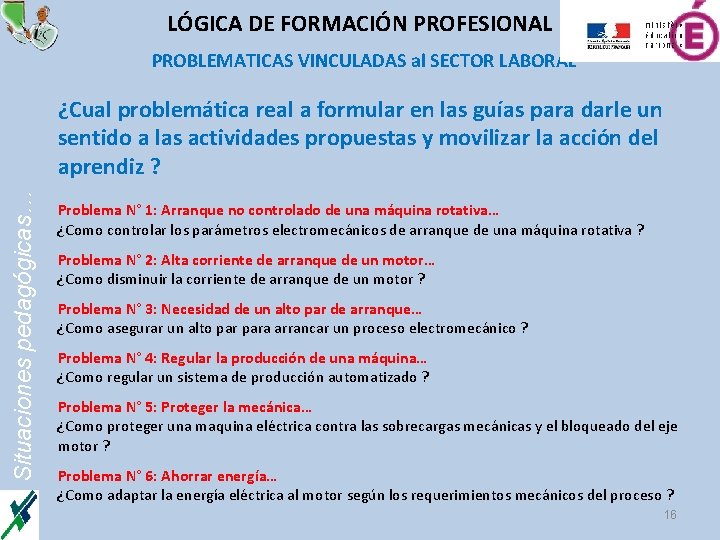 LÓGICA DE FORMACIÓN PROFESIONAL PROBLEMATICAS VINCULADAS al SECTOR LABORAL Situaciones pedagógicas… ¿Cual problemática real