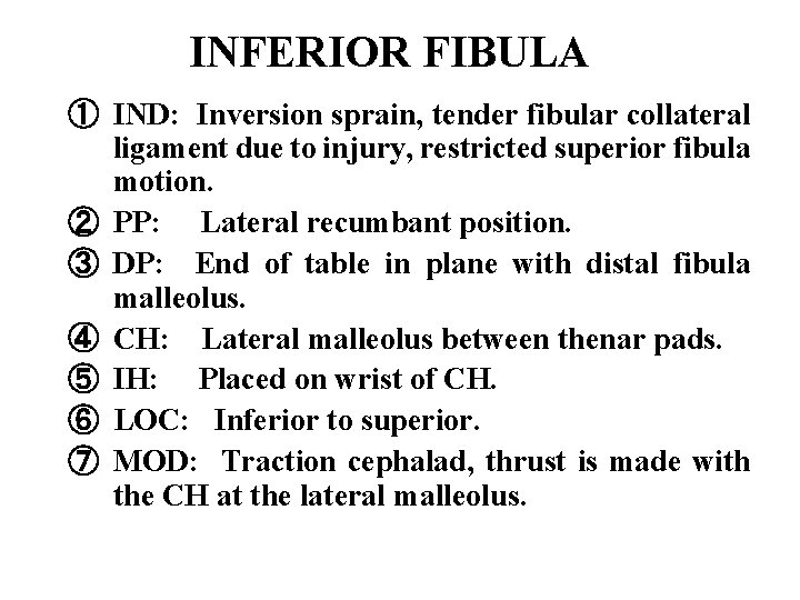 INFERIOR FIBULA ① IND: Inversion sprain, tender fibular collateral ligament due to injury, restricted