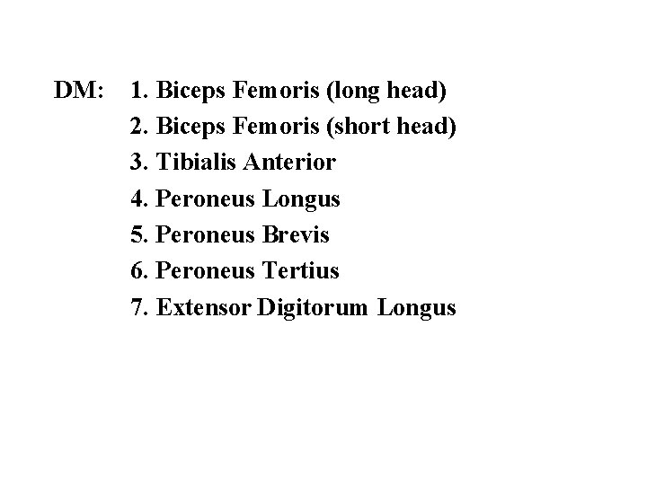 DM: 1. Biceps Femoris (long head) 2. Biceps Femoris (short head) 3. Tibialis Anterior