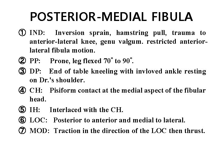 POSTERIOR-MEDIAL FIBULA ① IND: Inversion sprain, hamstring pull, trauma to anterior-lateral knee, genu valgum.