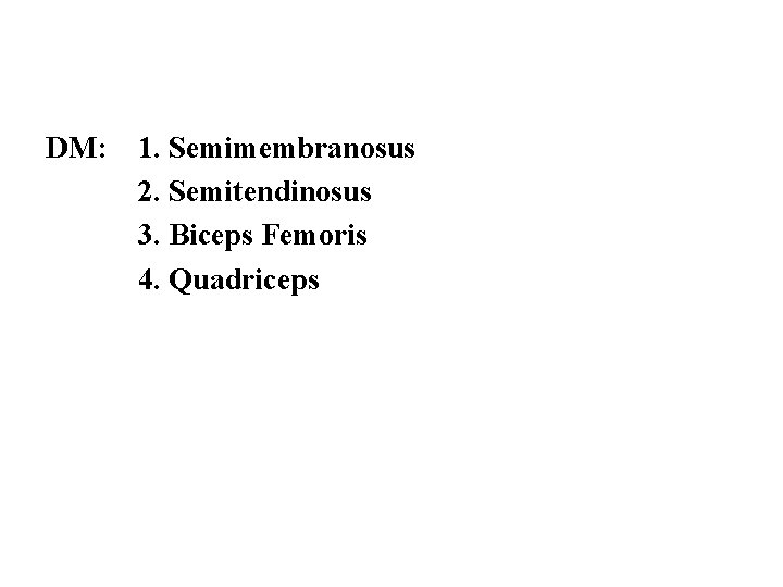 DM: 1. Semimembranosus 2. Semitendinosus 3. Biceps Femoris 4. Quadriceps 