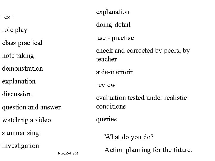 explanation test doing-detail role play use - practise class practical note taking check and