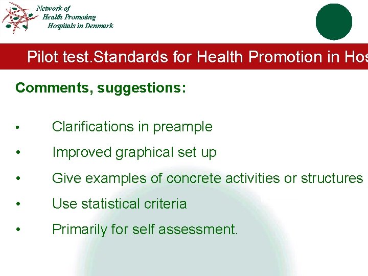 Network of Health Promoting Hospitals in Denmark Pilot test. Standards for Health Promotion in