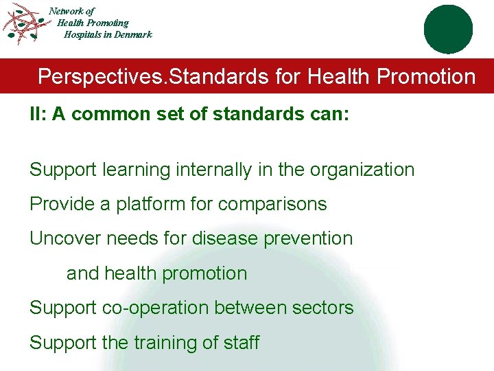 Network of Health Promoting Hospitals in Denmark Perspectives. Standards for Health Promotion II: A