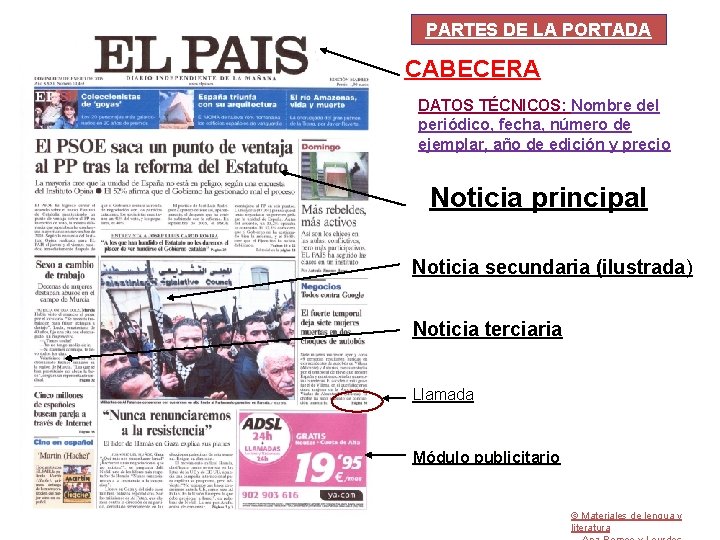 PARTES DE LA PORTADA CABECERA DATOS TÉCNICOS: Nombre del periódico, fecha, número de ejemplar,