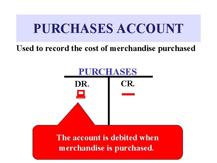 PURCHASES ACCOUNT Used to record the cost of merchandise purchased PURCHASES DR. CR. The