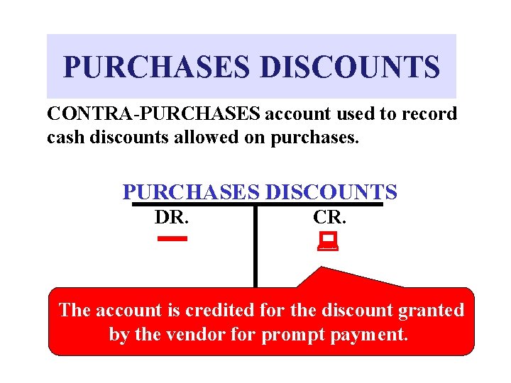 PURCHASES DISCOUNTS CONTRA-PURCHASES account used to record cash discounts allowed on purchases. PURCHASES DISCOUNTS