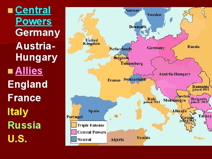 n Central Powers Germany Austria. Hungary n Allies England France Italy Russia U. S.