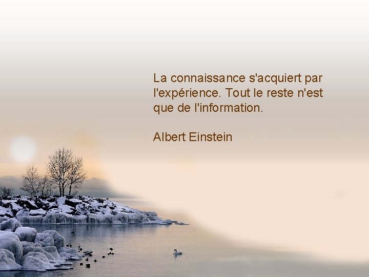 La connaissance s'acquiert par l'expérience. Tout le reste n'est que de l'information. Albert Einstein