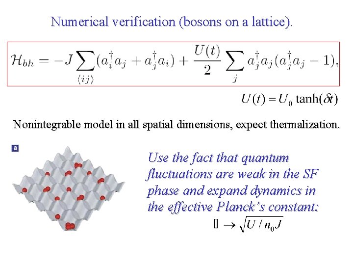 Numerical verification (bosons on a lattice). Nonintegrable model in all spatial dimensions, expect thermalization.