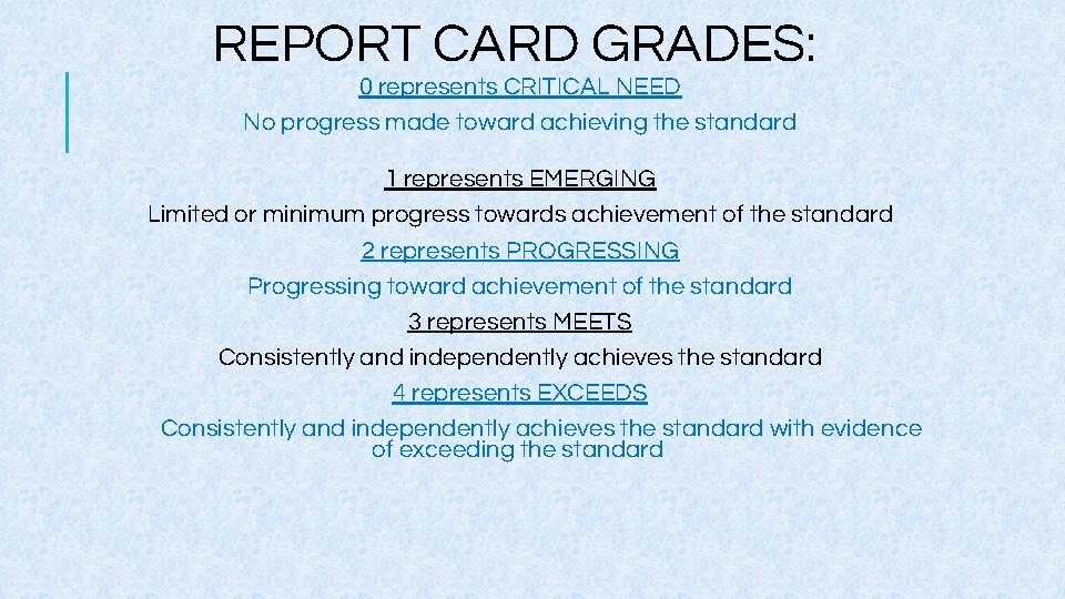 REPORT CARD GRADES: 0 represents CRITICAL NEED No progress made toward achieving the standard