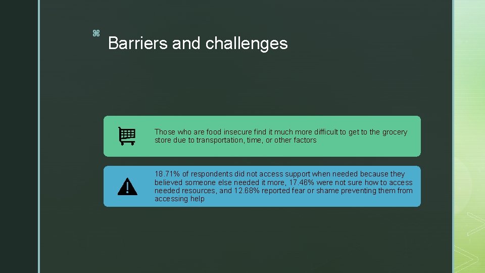 z Barriers and challenges Those who are food insecure find it much more difficult