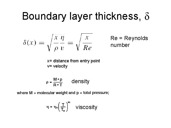 Boundary layer thickness, δ Re = Reynolds number x= distance from entry point v=